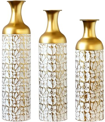 Juego de 3 jarrones de suelo de metal decorativos altos de 83/65/50 cm para hierba de Pampas, flores secas y decoración moderna de salón, pasillo y dormitorio, jarrones grandes con diseño atemporal