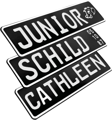 1 Stück Kennzeichen Junior-Schild 34cm x 9cm Bohrung Farbwahl Wunschtext Wunschprägung Muster Datum Namenskennzeichen Bohrung / Saugnäpfen Namensschild Bobbycar Kettcar FUN Schild in Schwarz matt