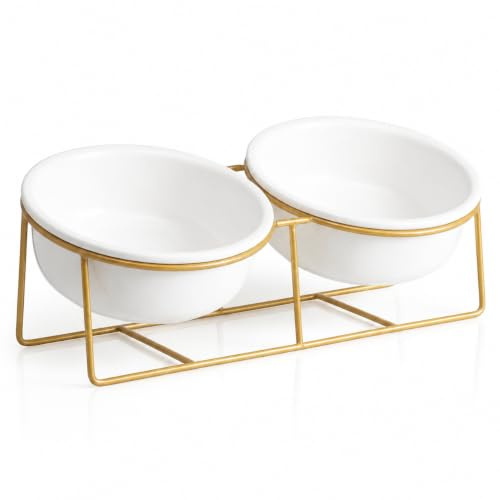 Comedero Gato Ceramica Elevado Inclinado - Cuenco Gato Antivomito con Soporte de Metal - Bebedero y Comedero Perro Pequeño - Doble Plato Perros - Bol Comida y Agua para Cachorros y Gatos - 2 x 480 ml