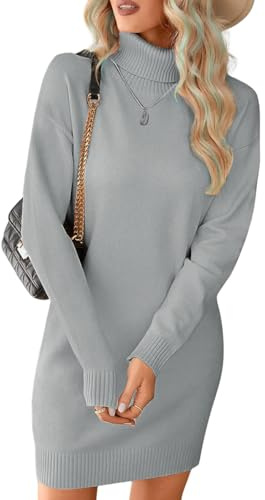 JFAN Vestido de Punto para Mujer on Cuello Alto Vestidos de Jersey Elegantes de Invierno Midi Vestidos Casual para Mujer Gris L
