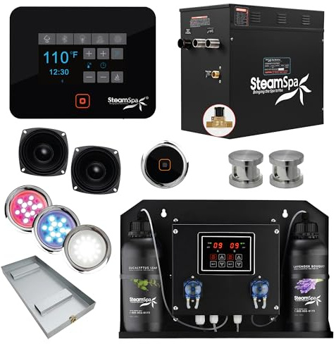 SteamSpa Steam Shower Generator Kit | Brushed Nickel + Auto Drain Combo|Dual Bottle Aroma Oil Pump | Steam Sauna Spa Stall Package|Touch Screen Wifi App/BT Control Panel |12 kW Raven | RVB1200BN-ADP