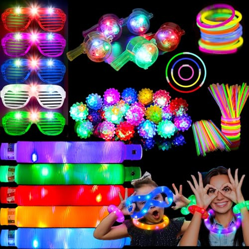 Lot de 120 accessoires de fête phosphorescents – Tubes pop LED, lunettes lumineuses, sifflets lumineux, anneaux LED et bâtons lumineux pour événements