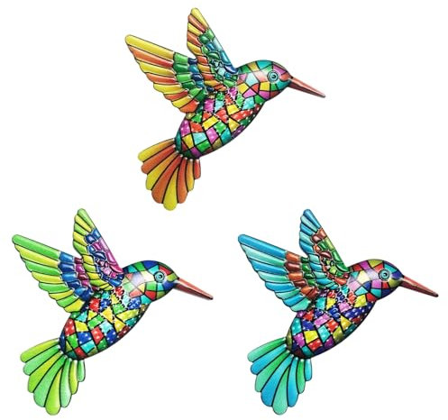 SYEYCW 3 Pcs Metal Hummingbird Wall Art Decor, Colorful Birds Wall Sculptures Hanging Decoration, Wrought Iron Hummingbird Art Fence Decorations, Outdoor Garden Ornaments, for Backyard, Porch, Patio