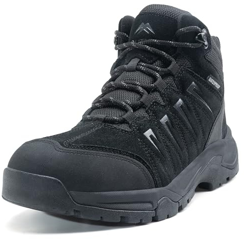 OUTJET Men's Waterproof Hiking Boots Lightweight Comfortable Leather Mid Ankle Outdoor Trekking Boot Black