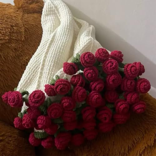 Diy Crochet Flower Rose Bouquet Blanket Material Package,Blanket Folded Into Flowers Rose Flower Bouquet Knitted Throw Blankets,Knitted Red Roses for Valentine's Day,Mother's Day