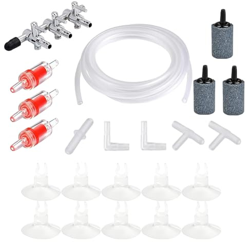 YMWALK Fish Tank Air Pump Accessories Set including 5m Airline Tube Hose,3-Way Air Valve Distributors,3 Non-return Check Valves,3 Air Stone,10 Suction Cups and 5 Connectors for Aquarium Air Pump