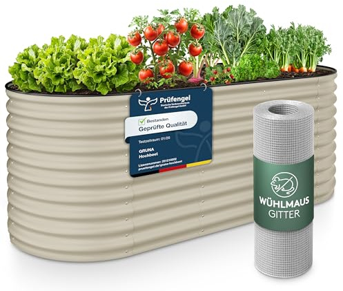 GRUNA - Hochbeet Metall 200x80x75 cm I 6 in 1 Modular Hochbeete-Kit I 100% Rostfrei I Formstabil Dank Verstrebung I Hochbeete für Garten I Hochbeet Creme Weiß (200x80x75)