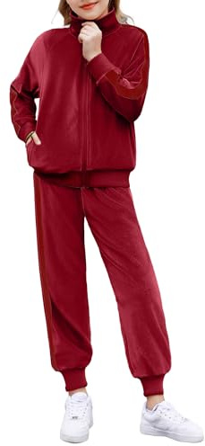 Zaclotre Girls Two Piece Outfits Velvet Tracksuit Sweatshirt and Sweatpants with Pockets Kids Clothing Set Red 8-9Y