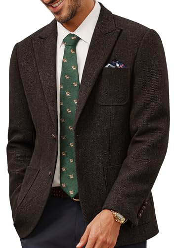 PJ PAUL JONES Giacca da uomo a 2 bottoni in tweed di lana, blazer britannico regular fit, giacca da completo business per uomini, marrone scuro., L