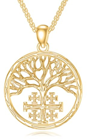 PROESS Livets träd kedja 925 sterlingsilver Jerusalem kors halsband viking livets träd hänge religiösa smycken jul Thanksgiving presenter för män kvinnor, Sterlingsilver