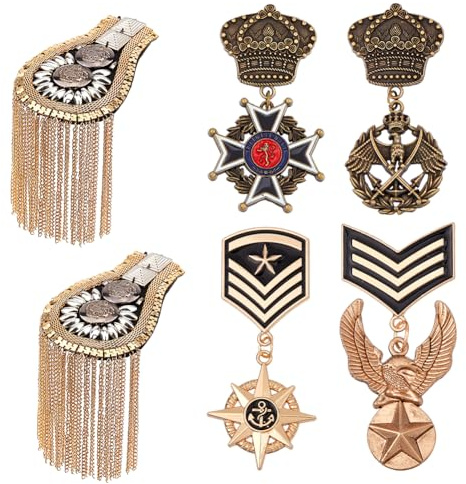 SUPERFINDINGS Set di 4 medaglie e distintivi militari con 2 spalline Spille militari in lega di zinco con pompon Spalline per abiti uniformi per uomini e donne
