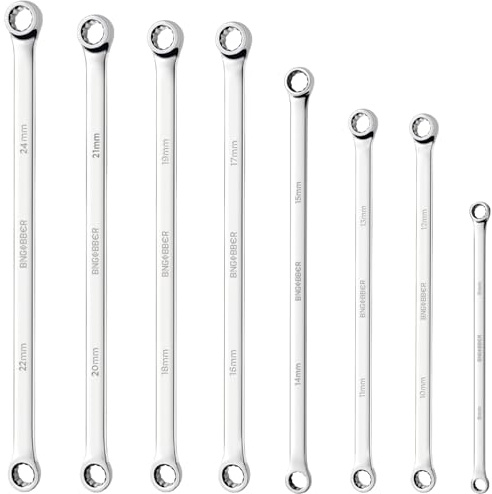 BINGCOBBER Set di chiavi ad anello doppie, 8 pezzi, extra lunghe, in acciaio CV 8 mm - 24 mm