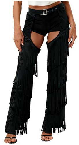 FEESHOW Mens Womens Cowgirl Cowboy Chaps Pants Fancy Dress Hollow Out Trouser for Halloween Party Black S