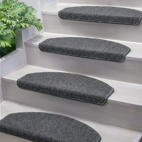 Björn&Schiller Treppenstufen Matten, selbstklebend Stufenmatten 15er Set, Antirutschmatten für Treppen, Teppich für Treppenstufen, Stufenmatten Halbrund, Treppenschoner Innen (Dunkelgrau)