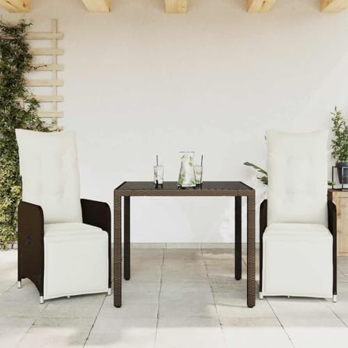 Kaloriko Ensemble bistro de jardin 3 pièces en polyrotin marron, chaises réglables avec coussins, table en verre trempé, pour balcon, terrasse, résistant aux intempéries