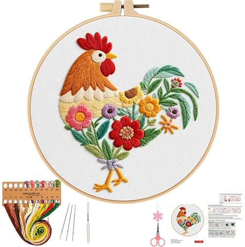 Herdiese Embroidery Kit for Beginners & Adults, Rooster Flower Cross Stitch