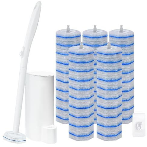 Einweg Toilettenbürste Set mit 50 Stück Reiniger Nachfüllungen für Toilet | Einwegtoilettenbürsten Set mit Verlängertem Griff und Halter, Hygienische WC Bürste für Bad, Waschbecken, Badewanne