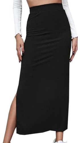 Fccrian Falda de lápiz con cintura elástica para mujer, falda envolvente de cintura alta con abertura lateral, falda negra de longitud por debajo de la rodilla, elegancia para mujer, faldas de lápiz