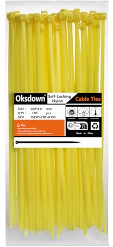 Oksdown 100 Pack Yellow Plastic Cable Ties 300mm×4.8mm Heavy Duty Strong Nylon Premium Self Locking 12 inch/30 cm Long Zip Tie Wraps