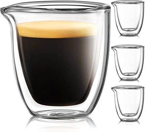 Pouring Espresso Cups Set of 4 - Glass Espresso Cup Shot Glass with Spout 2.7 OZ - Double Espresso Cups - Small Doppio Double Walled Clear Espresso Cup - Expresso Coffee Cup - Espresso Accessories
