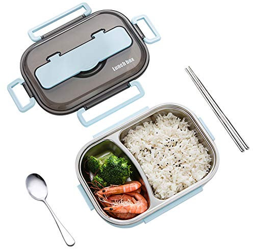 amropi Scatole Bento Lunch Box Acciaio Inossidabile Contenitori 2/3/4/5 Scomparto Dispensa con Bastoncini e Cucchiaio (Blu, 2 Scomparto)