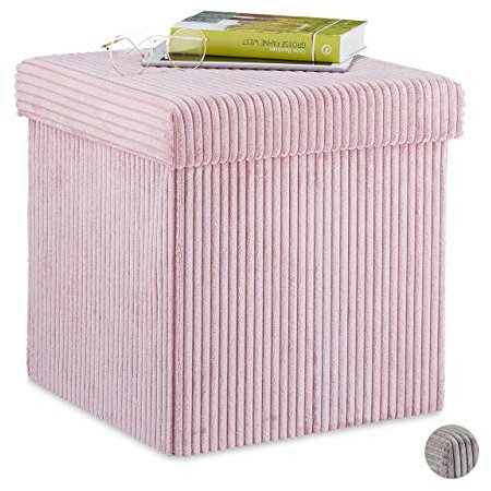 Relaxdays Sitzwürfel, faltbar, Sitzhocker mit Stauraum, Kordsamt, quadratisch, mit Deckel, Samthocker 38x38x38 cm, rosa
