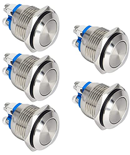 GUUZI 5pcs Pulsadores Momentáneos Impermeables de 19mm 2A 12V/24V/125V/250VAC con Terminales de Tornillo, Pulsador de Acero Inoxidable (Cabeza Plana)