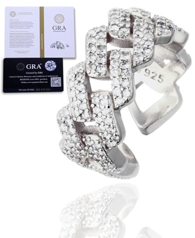 HALUKAKAH Bague Moissanite Homme Chaîne Cubaine, D Couleur 2.1 ct Total, Argent Sterling Plaqué Platine, 2.1 Carats Diamant Cultivé en Laboratoire, Ajustable, Cadeau Intemporel pour Mari, Petit Ami