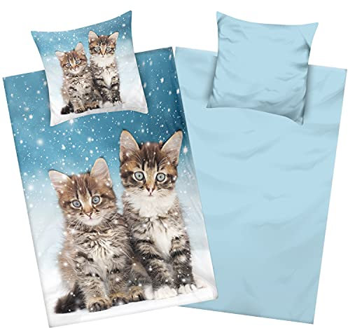 Aminata kids Juego de ropa de cama infantil de franela de algodón, 135 x 200 cm, diseño de animales de gato, con cremallera, cálido y acogedor, juego de ropa de cama de invierno de franela – Gato gato