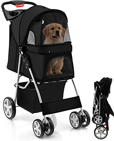 Maxmass Travel Pet Stroller, Foldable Small Medium Sized Dog Cat Trolley with Storage Basket, Safety Belt and Cup Holder, 4 Wheels Puppy Pushchair (Black)