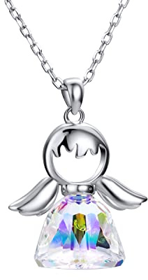 Collar de Plata de Ley 925 con Colgante de Ángel para Mujeres,Collar de Ángel de la Guarda Cristal Purpurina Joyas de Amistad para Niños Adolescentes Niñas Bautizo Confirmación Primera Comunión Regalo