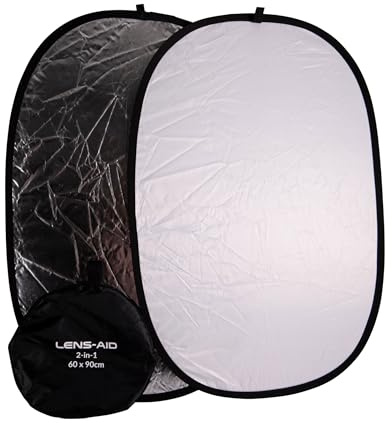 Lens-Aid 60x90cm fotoreflektor 2-i-1 vikbar – rektangulär ljusreflektor för fotografering, vit & silver, hopfällbar med förvaringsväska – perfekt för produktfoto, matfoto, porträtt, studio & utomhus