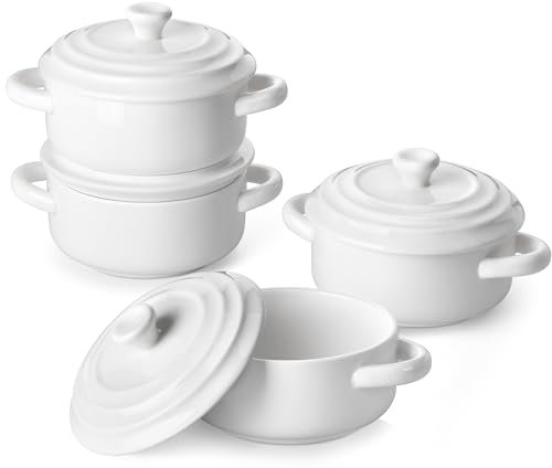 MALACASA Mini Cocotte Set – 4 Stück kleine Auflaufförmchen aus Porzellan mit Deckel und Griffen, Mini-Dutch-Oven-Set für Lasagne, Soufflé, Backofen, Mikrowelle & Spülmaschine
