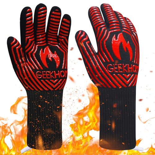 GEEKHOM Heat Resistant Fireproof Oven Mitts: EN407 Certified for 1472°F, 13-Inch Flexible Silicone Gloves for Baking (Red)