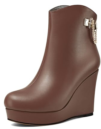 Castamere Donna Alto High Zeppa Piattaforma Tacco Heel Rotonda Punta Stivaletti Cerniera Catena Metallo Slip-on Dress 10 CM Heels Marrone Scuro 35 EU