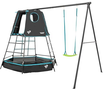 TP Toys Explorer Metal Climbing Frame Set & Swing Black Edition - Adventure Playmat, Climbing Ladder, Swing Set and Monkey Bridge. Roll Up Door. Round Viewing Window. Aged 3-12 Years