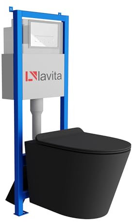 Lavita LAV 101 - Elemento da parete per WC 40 cm + parete sospeso WC Galve nero senza bordi + pannello di controllo LAV 200.3.1 bianco | Set completo | Cassetta di risciacquo da incasso | WC completo