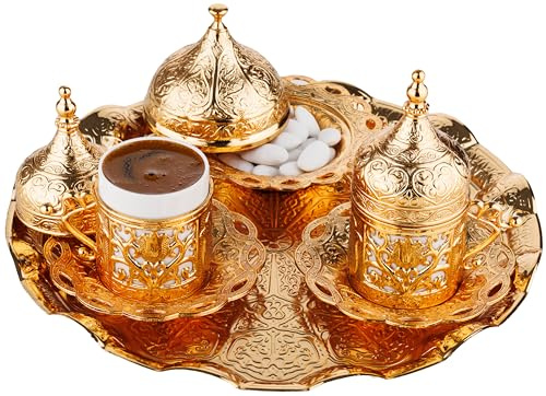 DEMMEX Türkisch Griechisch Arabisch Kaffee Servierset - 11-teiliges handgefertigtes Kaffeeset mit Tassen, Untertassen, Deckeln, Zuckerdose & dekorativem Tablett (Gold)