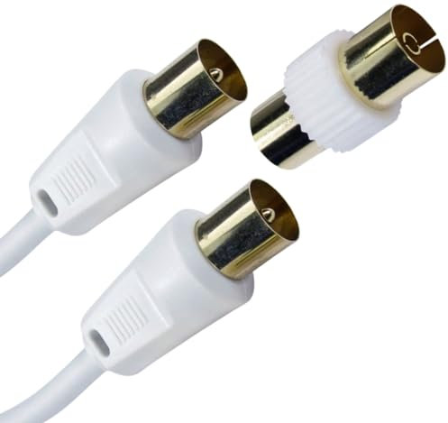 Relloh Coaxial TV Aerial Cable - Coax Satellite Cable TV Antenna AV Lead Male to Male Gold-Plated Connectors for FreeView, FreeSat, Sky Box, BT with Female Adaptor (White, 20m)