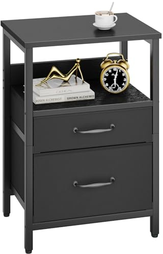 YMYNY Bedside Table, Bedroom Bedside Cabinet with 2 Fabric Drawers, Open Shelf Unit, Metal Frame, Modern, Nightstand, End Table, Chest of Drawers, Storage Unit for Bedroom, Living Room, Black HST011B