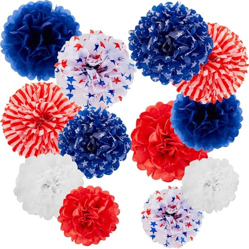 Easy Joy 12 Stück Unabhängigkeitstag Pompons ,Amerika Deko Pompons,Seidenpapier Pompom für USA Deko ,USA Party Deko,Geburtstagsdeko,Party Dekoration Zubehör