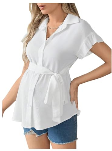 MakeMeChic Women's Maternity Nursing Blouse Ruffle Wrap Work Shirt Pregnancy Button Down Belted Tops White X-Large