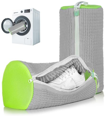 ADEHMDA Reusable Shoe Washing Machine Bag, Trainer Washing Machine Bag with Zipper, Laundry Shoe Bag for Washer&Dryer, Elongated Thicken Microfiber Fluff&Fits Multiple Shoe Types(2pcs, Li. GreyGreen)