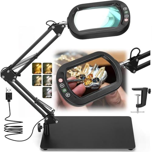 Veemagni 10X Rectangle Magnifying Glass with Light and Stand, 5 Color Modes Stepless Dimmable, 2-in-1 LED Lighted Desk Lamp & Clamp, Hands Free Magnifier for Reading Crafts Repair Painting Close Work