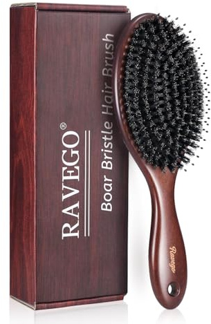 RAVEGO Cepillo para el pelo, cerdas de jabalí para mujeres, hombres, niños, para desenredar y peinar, cerdas naturales para cabello fino y fino, cerdas rígidas (Cerdas de nailon y jabalí)
