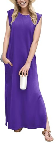 GRECERELLE Damklänning för sommaren, ledig maxiklänning, blusklänning i elegant stil, ärmlös klänning med slits och fickor för damer, mörk lila, L