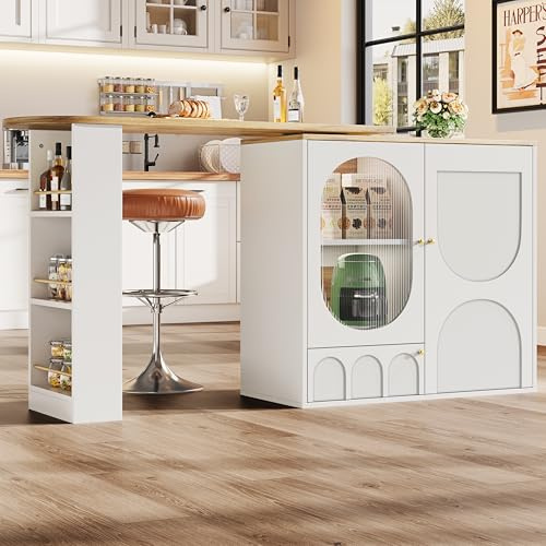 Merax Bar Table with Storage 360° Rotating – White Coffee Bar Furniture, Kitchen Island with Sideboard and Two Glass Doors, Buffet with Shelves, Modern Dining Table, 138 x 39 x 105 cm