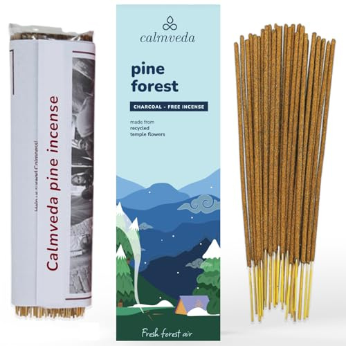 CALMVEDA Pinon Pine Incense Sticks - Fresh Needles, Woody Bark, 80-Pack | Charcoal Free, Handmade from Upcycled Flowers, IFRA compliant Fragrance, Perfect Christmas Incense for positive vibes at home