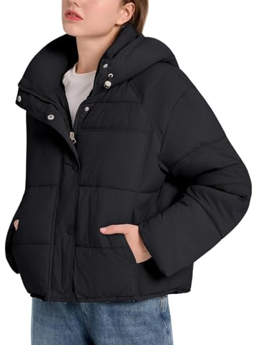 Gihuo Womens Quilted Puffer Jacket Winter Warm Hooded Bubble Coats Padded Jacket Long Sleeve Coat(Black-L)