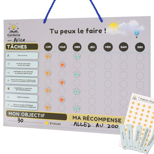 Cenfería Tableau de récompenses magnétique pour Enfants Tableau de Motivation éducatif avec 100 tâches, 150 étoiles et 3 feutres effaçables – Organisation et autonomie à la Maison